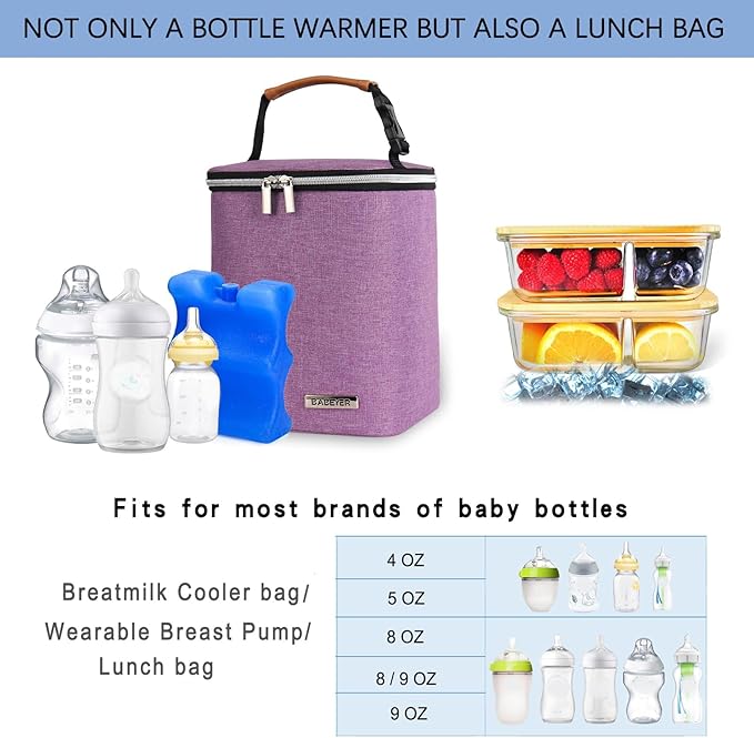 Breast Milk Cooler Bag with Ice Pack Fits 4 Baby Bottles Up to 9 Ounce, Baby Bottle Bag Great for Nursing Mom Daycare, Purple