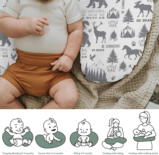 Gray Animals Nursing Pillow Covers for Boy Deer Bear Horse Trees Mountain Nursing Slipcovers for Breastfeeding Pillows Camping Adventure Soft Stretchy Removable Cover for Newborn Infant
