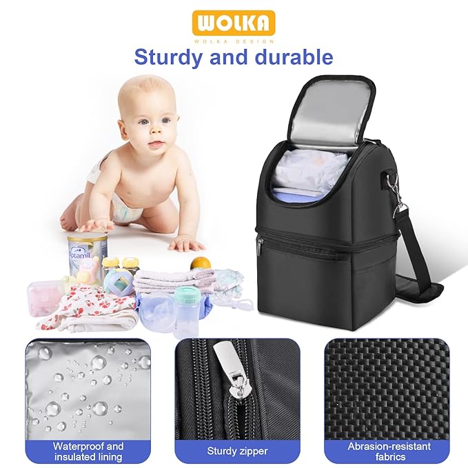 Breastmilk Cooler Bag - Cooler Bag for Nursing Moms Multi-Function, Insulated Baby Bottle Cooler Tote Bag with Double Compartments - Fits 6 Baby Bottles Up to 9 Ounce - All Black
