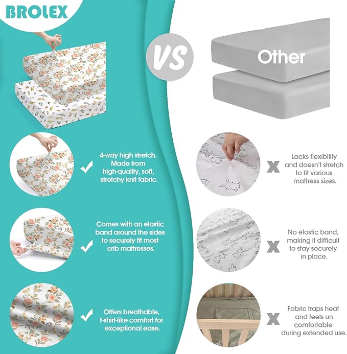 BROLEX Baby Fitted Crib Sheets: Kid Crib Sheets - Set of 2 for Toddler Standard Size Crib Mattress for Boys and Girls - Jersey Knit Crib Bed Sheets Rose & Foliage