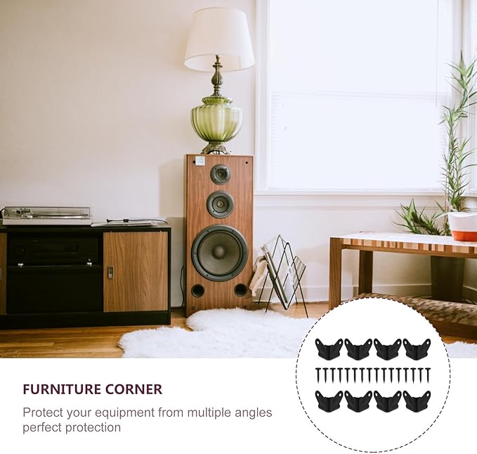 FOMIYES Black Iron Speaker Corner Protectors, 8pcs Metal Box Corner Guards for Furniture, 1.96x1.57x1.57inch, Anti-Collision and Anti-Skid, Includes Screws