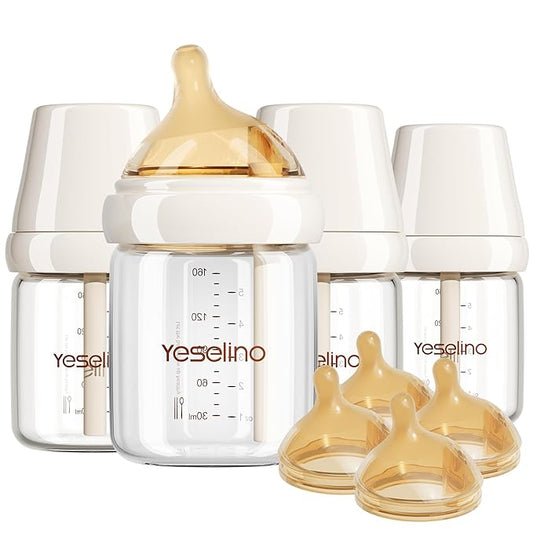 Natural Glass Baby Bottle 4 Pack with Extra Nipples - 2 Slow Flow (Size S) and 2 Medium Flow (Size M), 5.4 oz, Anti Colic, BPA-Free, 3Months+