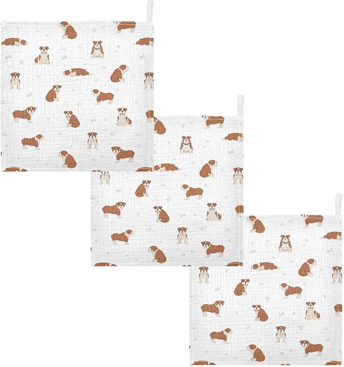 vvfelixl Baby Cotton Washcloths English Bulldog Infants Bath Towel for Unisex Puppy Face Towels for Newborn, Natural Baby Wipes Delicate Skin, 11.8 X 11.8 inch, one sizex3