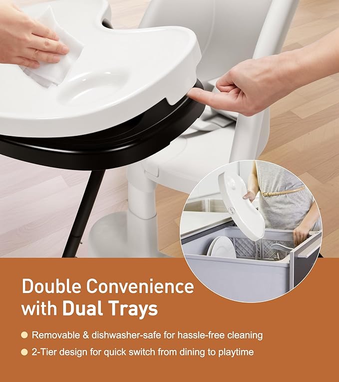 Mallify Foldable High Chair, Space-Saving Portable Baby High Chair with Removable Double Tray, Modern Convertible Baby Feeding Chair, Lightweight, Easy to Clean, White