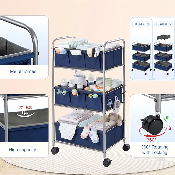 WILLBOND 3 Tier Blue Baby Diaper Caddy Organizer Cart with 4+3 Dividers Large Capacity Metal Utility Bedside Rolling Cart Newborn Registry Nursery Essential Must Have Crib Bedroom Baby Shower