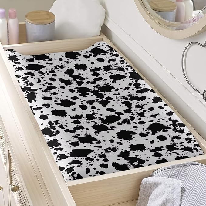 Black Cow Print Changing Pad Cover for Baby Washable Diaper Change Table Pad Covers Waterproof Changing Pads Liners 16 * 32 Inch Nursery Decor