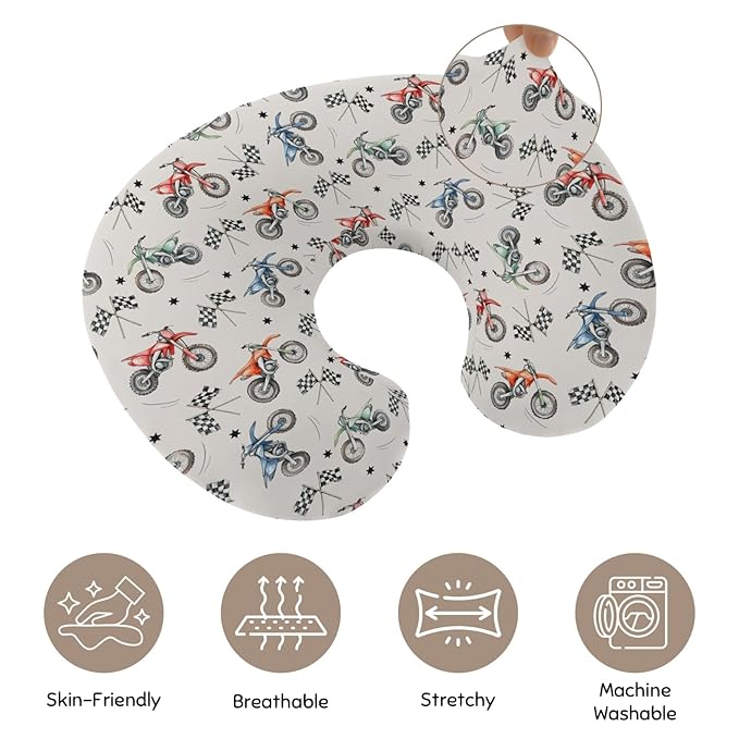 Vintage Motor Dirt Bike Nursing Pillow Cover Ultra-Soft Comfortable for Baby Girls Boys Cute Race Bikes Plaid Checker Flag Stars Breastfeeding Pillow Slipcovers for Standard Nursing Pillows