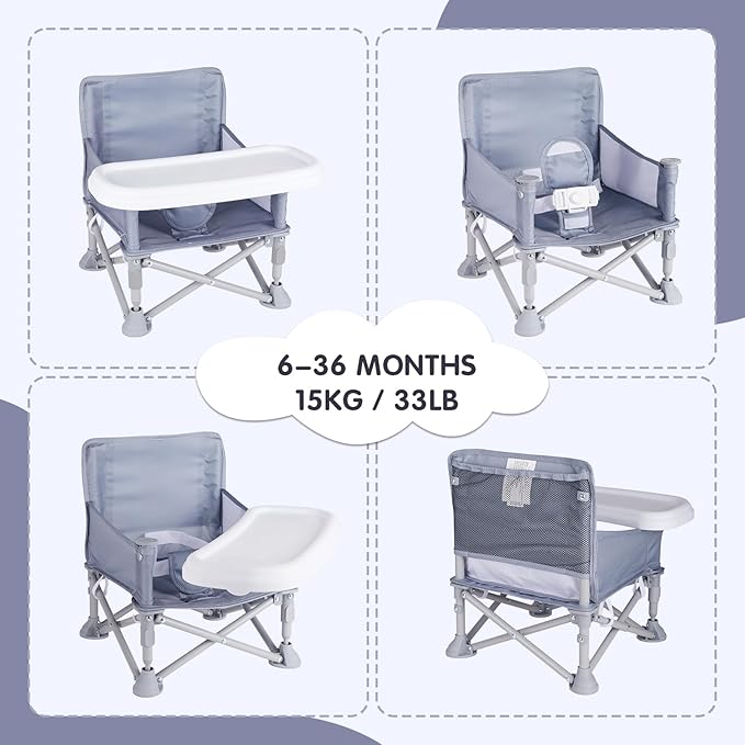 Portable Baby Chair, Folding Booster Seat with Tray for Dining Table Compact Camping Chair for Lawn Beach Travel Babies 6-36 Months