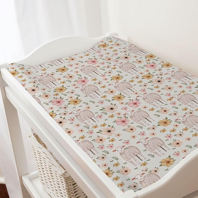 Cute Lambs Boho Retro Flowers Changing Pad Covers Lovely Sheep Floral Diaper Change Table Cover for Baby Boys Girls Soft Breathable Stretch Snug Fitted Changing Mat Sheets 32''x16''