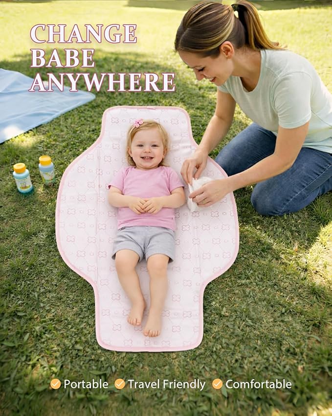 PZU Portable Diaper Changing Pad - Waterproof Travel Changing Mat with Built-in Pillow, Gifts for Baby Shower, Newborn Girls & Boys（Pink Stripes）