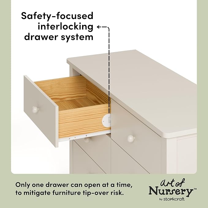 Storkcraft Rio 6 Drawer Dresser (Frosted Oat) – GREENGUARD Gold Certified, Wood Dresser for Bedroom, Kids & Nursery Storage Chest, Safety Interlocking Drawers, Pre-Installed Tracks, Kids Chest