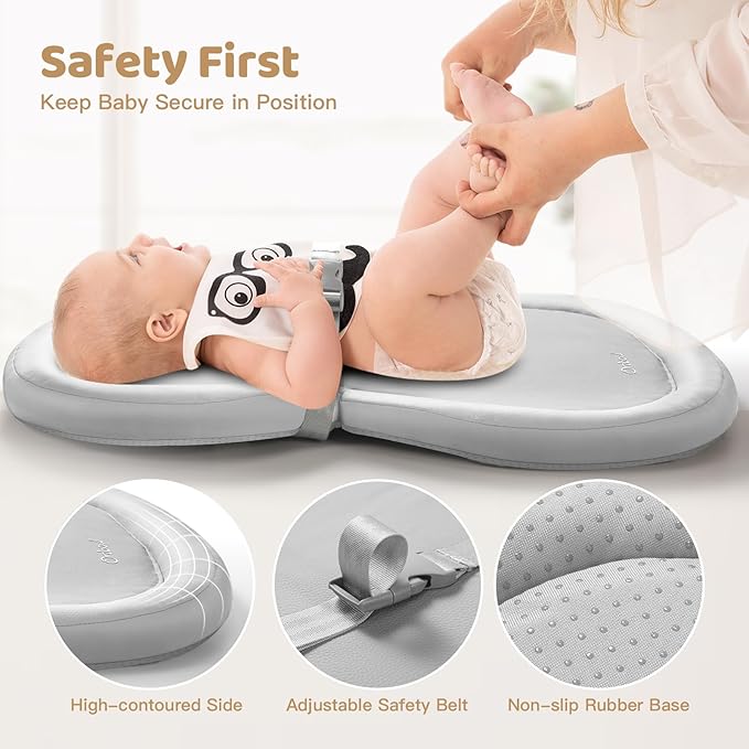 Orzbow Baby Changing Pad, Foldable Diaper Changing Pad for Dresser and Table, Wipeable Changing Pad Easy to Clean, Waterproof PU & Soft Foam Inner, Non-Slip, with Safety Belt, 28" × 19", Gray