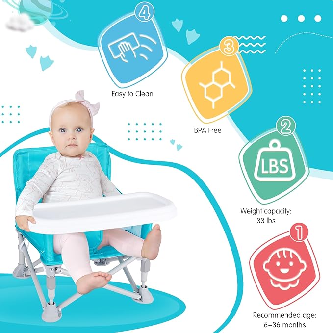 Portable Baby Booster Seat with Tray, Toddler Booster seat for Dining, Camping, Travel, Baby Beach Chair 6 Months to 3 Years Old Indoor Outdoor Use Cyan
