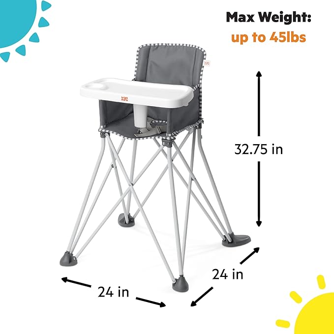 Bright Starts Pop 'N Dine Portable High Chair, Indoor/Outdoor, BPA Free Tray, Easy to Fold, Unisex, Grey, 6 Months +