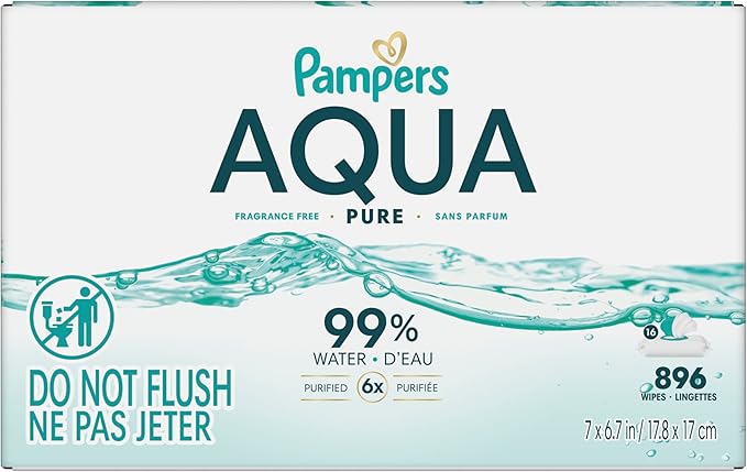 Pampers Aqua Pure Baby Wipes, 99% Water, Fragrance Free, 896 Baby Wipes Total (16X Flip-Top Packs) [Packaging May Vary]