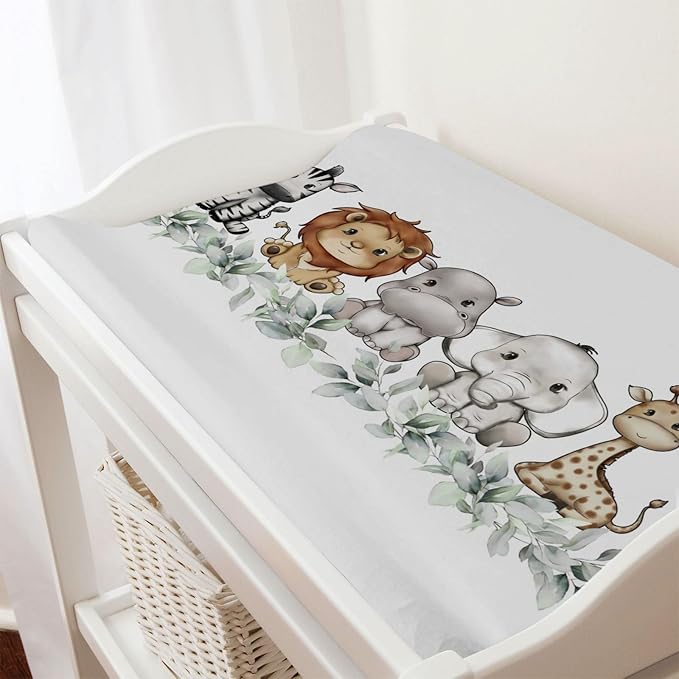Baby Safari Animals Changing Pad Cover Cute Lion Elephant Giraffe Zebra Hippo Boho Green Leaves Change Table Pad Cover for Boys Girls Soft Stretch Fitted Diaper Changing Mat Sheets 32''x16''