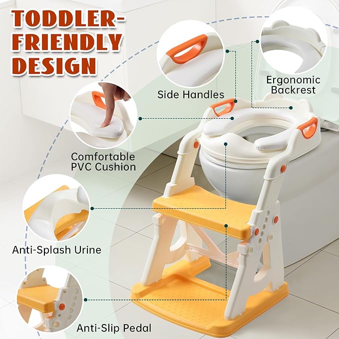 Potty Training Toilet Seat, Stable Potty Training Seat with Step Stool, 2 in 1 Toddler Toilet Seat with Steps for Kids Boys Girls, Toddler Potty Seat with Ladder, Splash Guard, Anti-Slip Pads (Yellow)