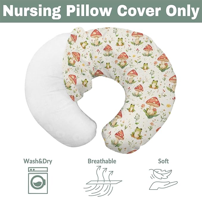 Green Frogs Mushroom Forest Baby Nursing Pillow Covers for Boy Girl Fairytale Frogs Nursing Slipcovers for Breastfeeding Pillows Animal Soft Stretchy Removable Cover for Newborn Infant