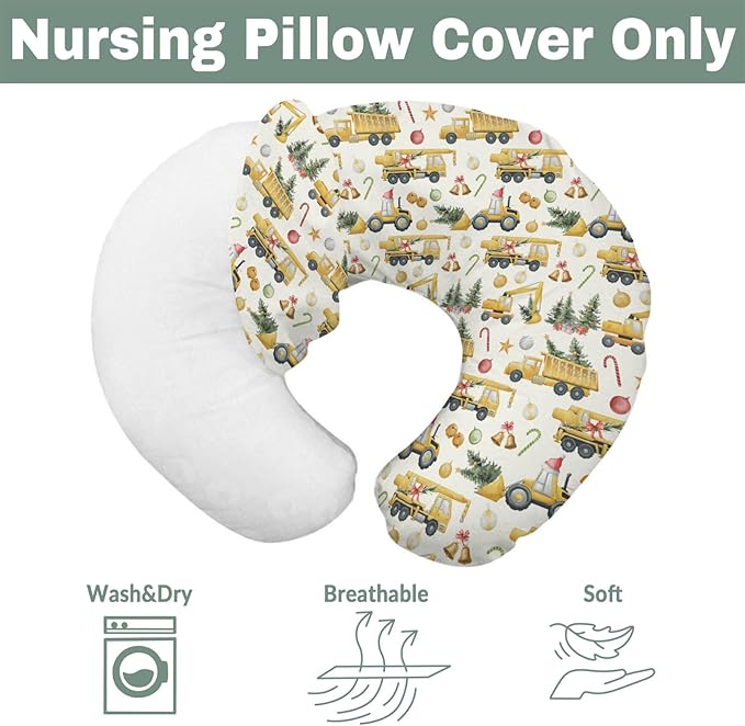 Christmas Trucks Construction Baby Nursing Pillow Covers for Boy Girl Dump Trucks Excavators Trees Nursery Pillowcase for Breastfeeding Pillows Winter Holiday Soft Stretchy Slipcovers for Newborn