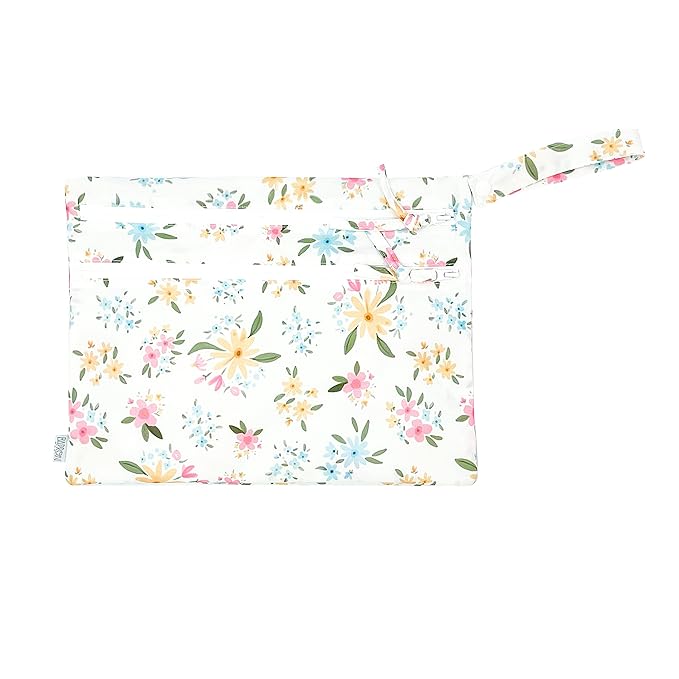 BapronBaby Pastel Floral Wet Dry Bag - Waterproof Two Zipper Pockets - Reusable for Mealtime, Diapers, Stroller, Snacks, Swimsuits - Machine Washable - 11" x 9"