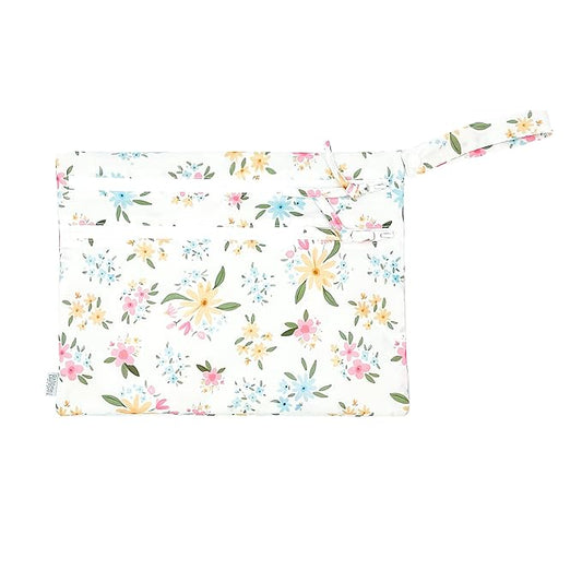 BapronBaby Pastel Floral Wet Dry Bag - Waterproof Two Zipper Pockets - Reusable for Mealtime, Diapers, Stroller, Snacks, Swimsuits - Machine Washable - 11" x 9"