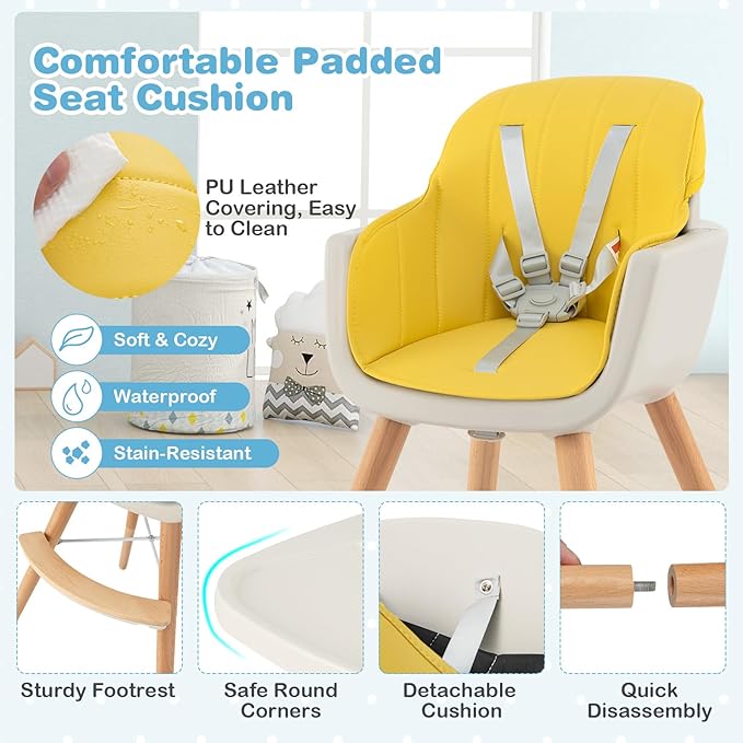 HONEY JOY Baby High Chair, 6-in-1 Eat & Grow Wooden Highchair/Toddler Chair with Removable Tray, 5-Point Harness, PU Cushion and Footrest, Convertible High Chair for Babies and Toddlers(Yellow)