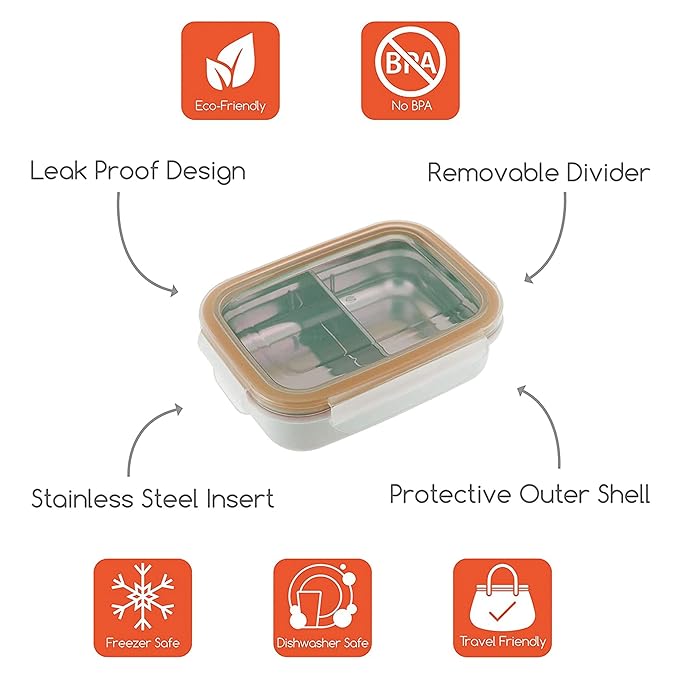 Innobaby Keepin' Fresh Stainless Steel Divided Bento Snack Box with Lid for Kids and Toddlers BPA Free, 11 oz., Orange