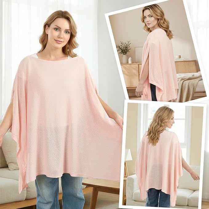 Knit Nursing Cover Up for Breastfeeding, Soft & Cozy Breastfeeding Poncho with Dual Side Slits, 360° Full Privacy Nursing Shawl with Laundry Bag, Pink