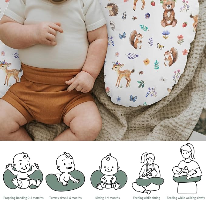 Watercolor Animals Spring Baby Nursing Pillow Covers for Boy Girl Bear Bunny Raccoon Floral Leaves Nursing Pillowcase for Breastfeeding Pillows Animal Soft Stretchy Slipcovers for Newborn
