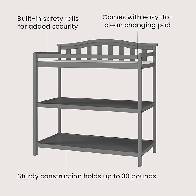 Child Craft Arch Top Infant Changing Table, Water-Resistant Pad and Safety Strap, Anti-Tip Kit Included to Prevent Tipping, Non-Toxic, Baby Safe Finish (Cool Gray)