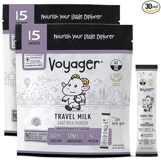 Voyager Travel Goat Milk Powder for Toddlers, Kids, Adults - On-The-Go, Easy to Digest, Whole Powdered Goat Milk with No GMO’s, No Antibiotics, No Refrigeration, 30 Sachets of 15g - 2 Pack