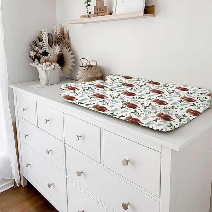 Christmas Highland Cows Changing Pad Cover Cute Yak Cherry Fir Leaves Diaper Changing Table Cover Sheets for Boys Girls Soft Breathable Stretchy Fitted Changing Table Mats 32''x16''