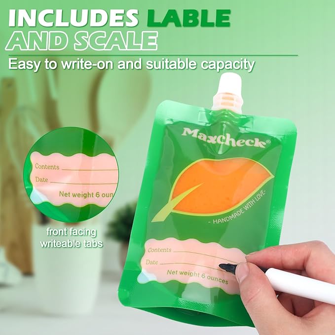 Maxcheck 103 Pcs Refillable Baby Food Pouches Maker Set Include 100 Pcs Portable Fruit Puree Pouch Storage Bags, Baby Food Maker, Pen and Brush for Babies Kids Toddlers