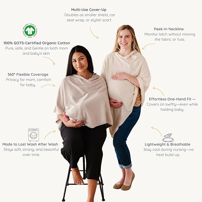 MakeMake Organics Knit Breathable Nursing Cover Up for Breastfeeding - Soft GOTS Certified Organic Cotton Breastfeeding Cover Up for Women - Privacy Feature, Beige