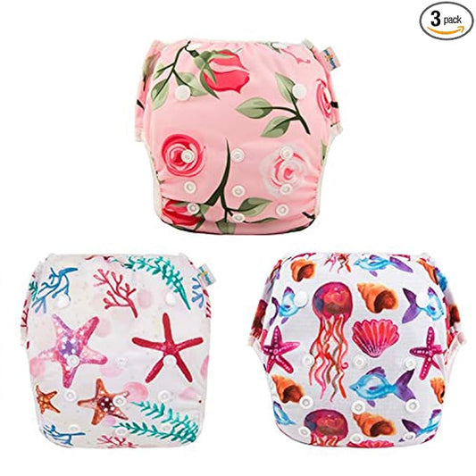 Babygoal Baby Girl and Boy Swim Diapers, Reusable Adjustable Washable One Size Fits 0-8M Baby Gifts and Swimming Lessons 3 Pack 3SD06