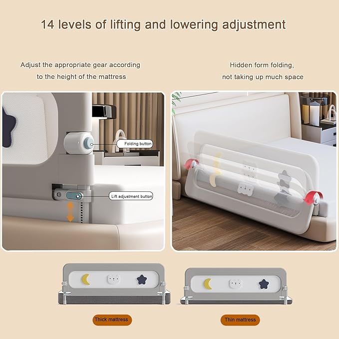 Bed Rail for Toddlers, 71" Foldable Baby Bed Rail Guard with Drilled-Free Installation, Adjustable Height, Suitable for Twin, Full, Queen & King Size (Gray Patchwork, 71inch)