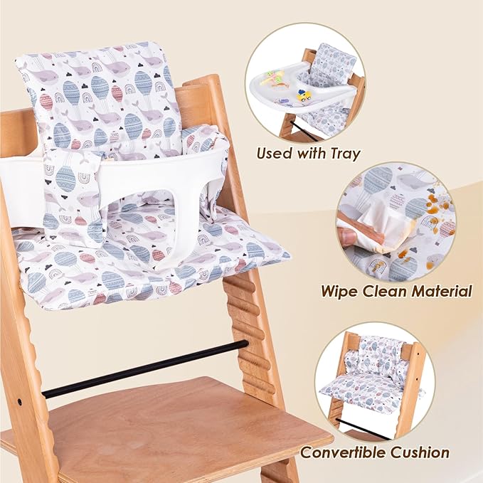 Extra Padded Soft Dining Chair Seat Cushion, Wateproof & Wipe Clean Cushion for Stokke Tripp Trapp High Chair, 18" L x 11" W, Compatible & Convertible Design (Sweet Dreams-Whales & Balloons)