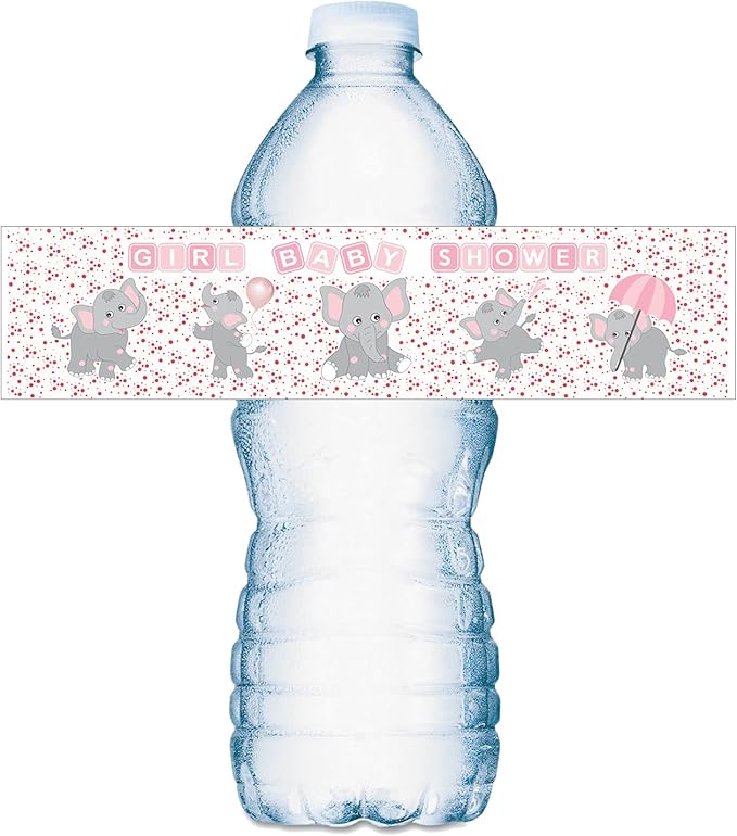 25 Pink Elephants Water Bottle Labels for Baby Shower Party ; Waterproof Water Bottle Wrappers; Its a Girl Water Bottle Stickers Labels Decorations. Made in USA
