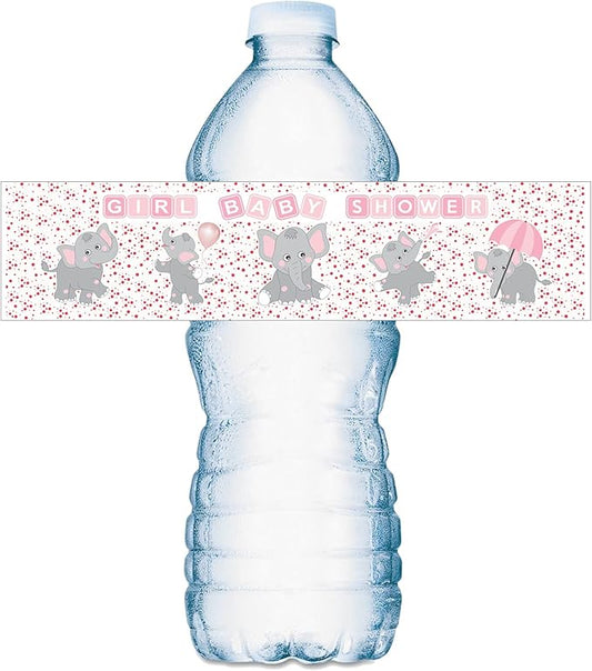 25 Pink Elephants Water Bottle Labels for Baby Shower Party ; Waterproof Water Bottle Wrappers; Its a Girl Water Bottle Stickers Labels Decorations. Made in USA