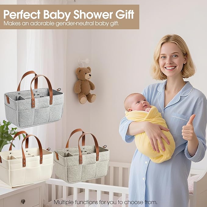 Nursery Storage Basket - Baby Diaper Caddy Organizer for Diaper Station, Newborn Essentials, Baby Shower Gifts and Registry Must-Haves for Boy or Girl (Grey)