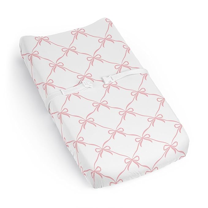 Sweet Jojo Designs Baby Changing Pad Cover Sheet (Pink Bows) for Girls, Infant/Newborn Diaper Table Change Mat Cover (Solid Blush & White Bow for Ballerina, Ballet Dancer, Princess Collection)