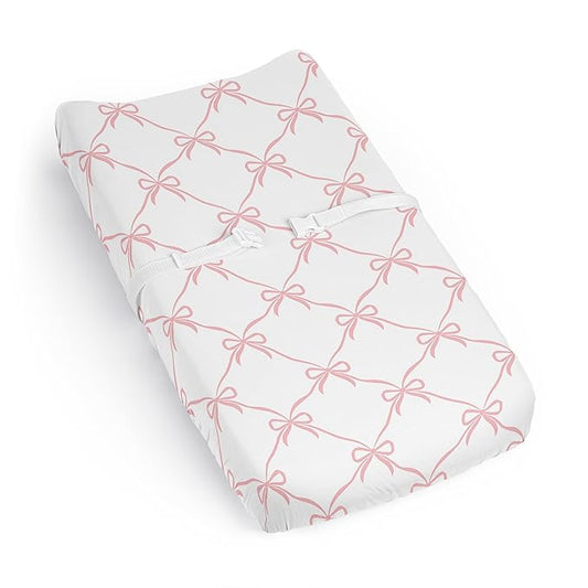 Sweet Jojo Designs Baby Changing Pad Cover Sheet (Pink Bows) for Girls, Infant/Newborn Diaper Table Change Mat Cover (Solid Blush & White Bow for Ballerina, Ballet Dancer, Princess Collection)