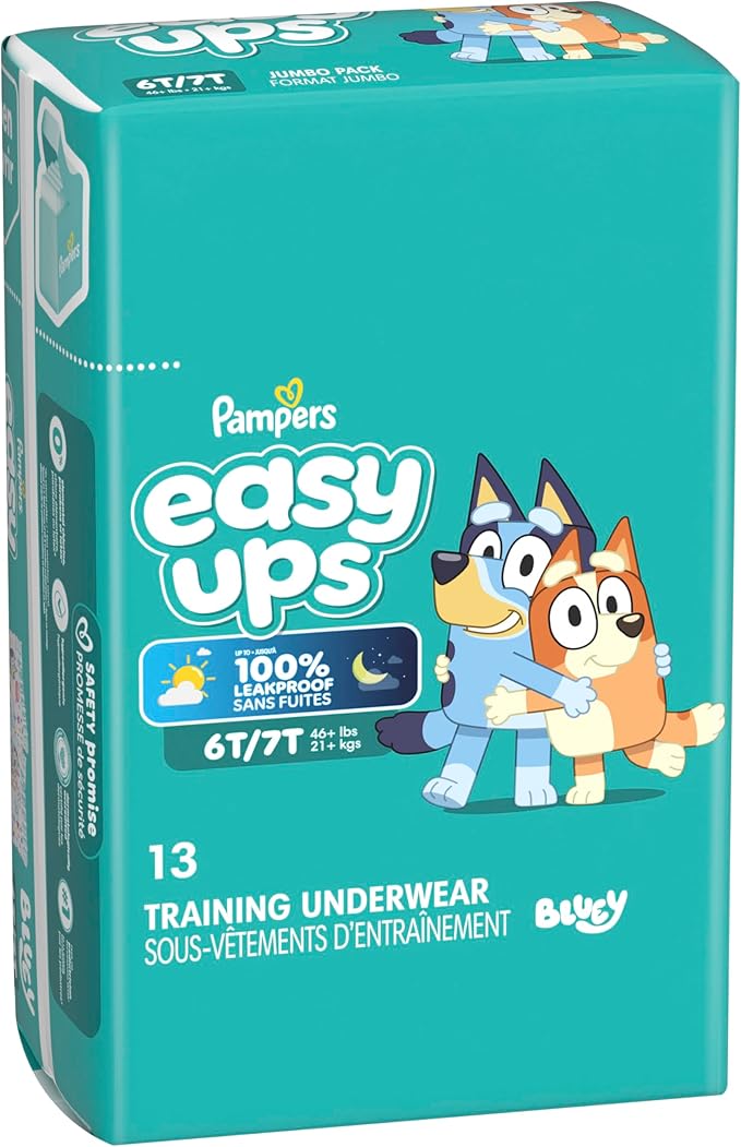 Easy Ups Girls & Boys Potty Training Pants, Size 6T-7T, 13 Count, Bluey Absorbent Training Underwear, Up to 100% Leakproof Day and Night, Hypoallergenic (Packaging May Vary)
