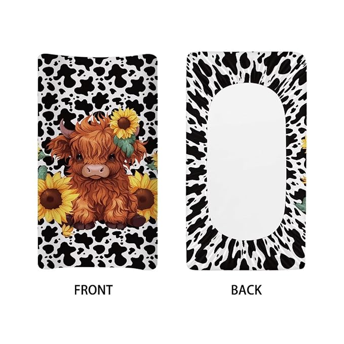 Highland Cow Changing Pad Waterproof Cover Cartoon Cozy Baby Nursery Diaper Changing Pad Sheets Boys & Girls Stretchy Diaper Pad Covers for Changing Table 16x32 Inch