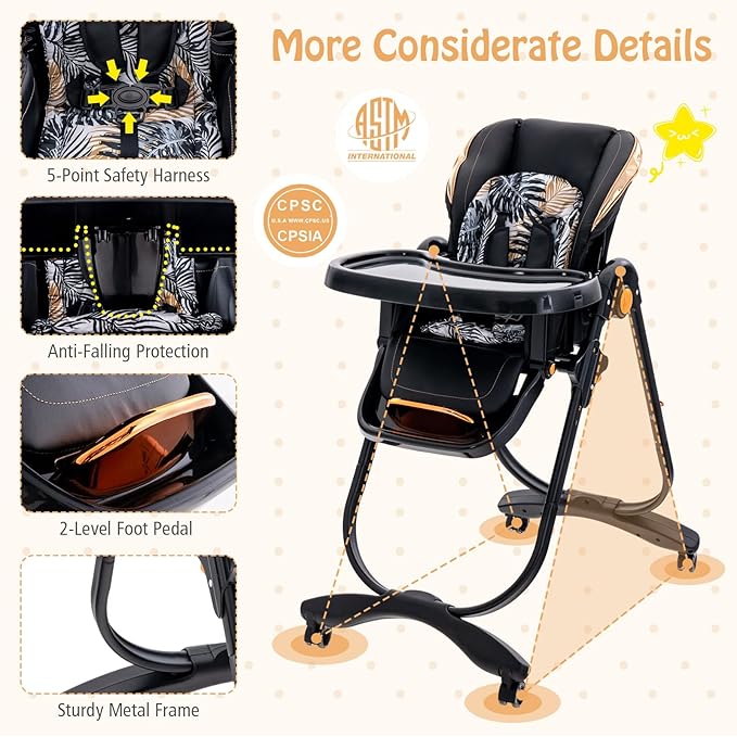 BABY JOY High Chair, Foldable Baby High Chair with Adjustable Height, Backrest & Footrest, Double Removable Tray, Portable Chair with Wheels for Babies & Toddlers of 6-36 Months (Black)