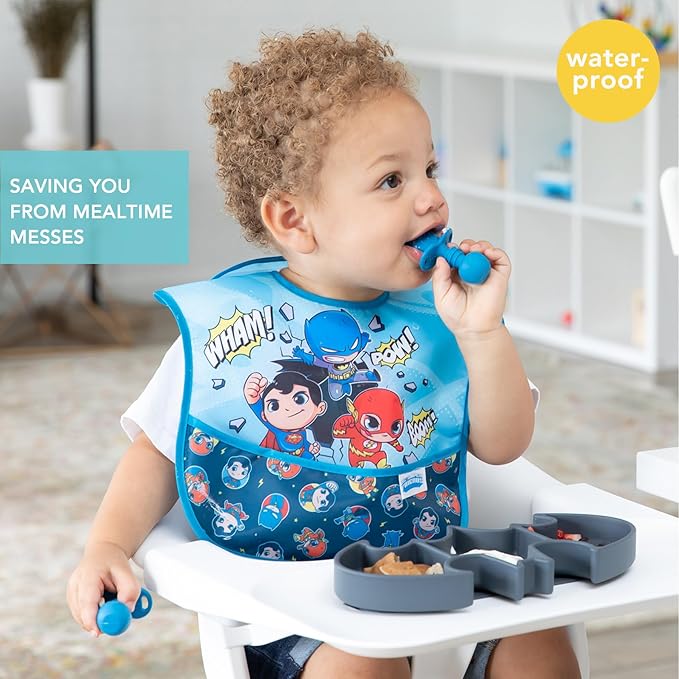Bumkins Bibs for Girl or Boy, SuperBib Baby and Toddler 6-24 Months, Essential Must Have for Eating, Feeding, Baby Led Weaning Supplies, Mess Saving Catch Food, Fabric, 3-pk DC Comics Super Friends