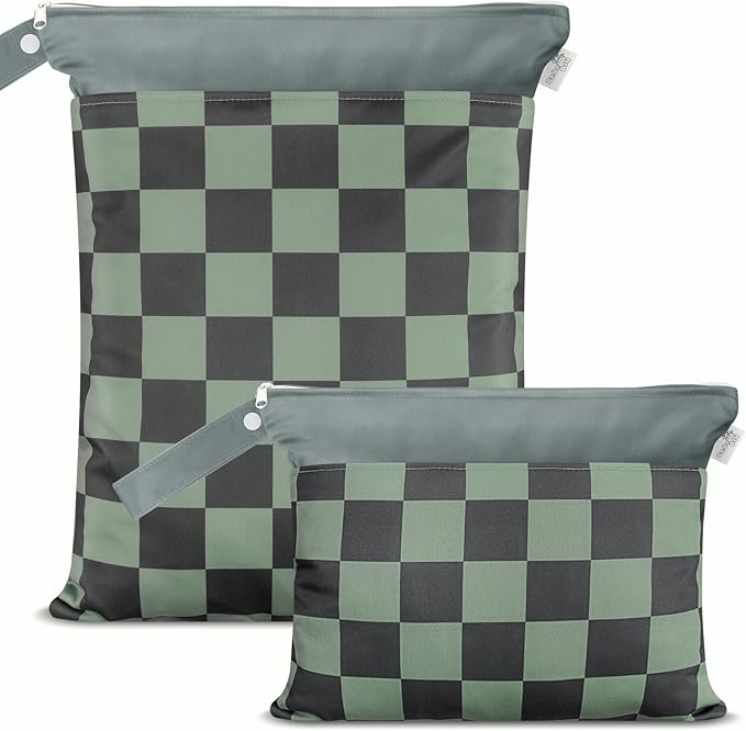 Cloth Diaper Wet Bags – Waterproof & Reusable Bag with 2 Zippered Pockets, 100% Polyester with Handle, Perfect for Stroller, Travel, Baby Essentials & Breast Pump Storage (Green Check-2pk)