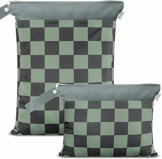 Cloth Diaper Wet Bags – Waterproof & Reusable Bag with 2 Zippered Pockets, 100% Polyester with Handle, Perfect for Stroller, Travel, Baby Essentials & Breast Pump Storage (Green Check-2pk)