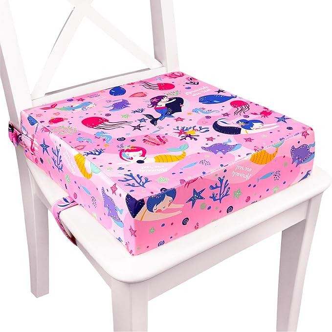 Toddler Booster Seat for Dining Table & Kitchen Chairs - Premium Foam with Non-Slip Bottom & Double Adjustable Straps, Safety Certified, Portable Travel &Easy to Clean (Pink-Mermaid)
