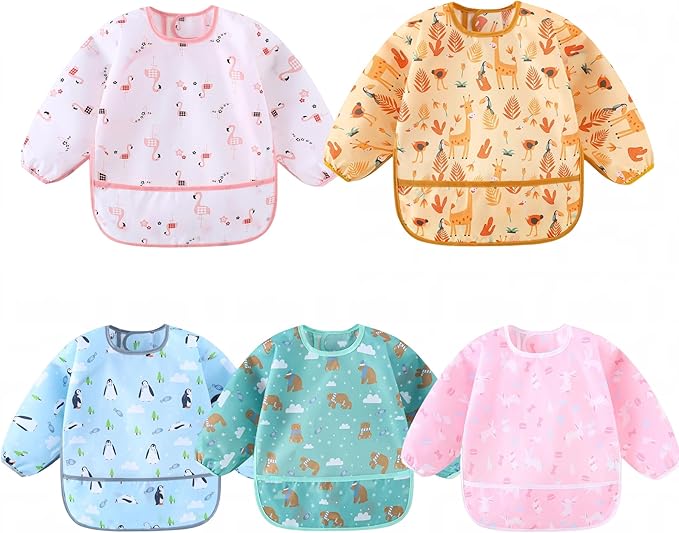 5-Pack Baby Long Sleeve Waterproof Bib Full Coverage Apron Bib Smock Toddler Bibs with Pocket 3-30 Months